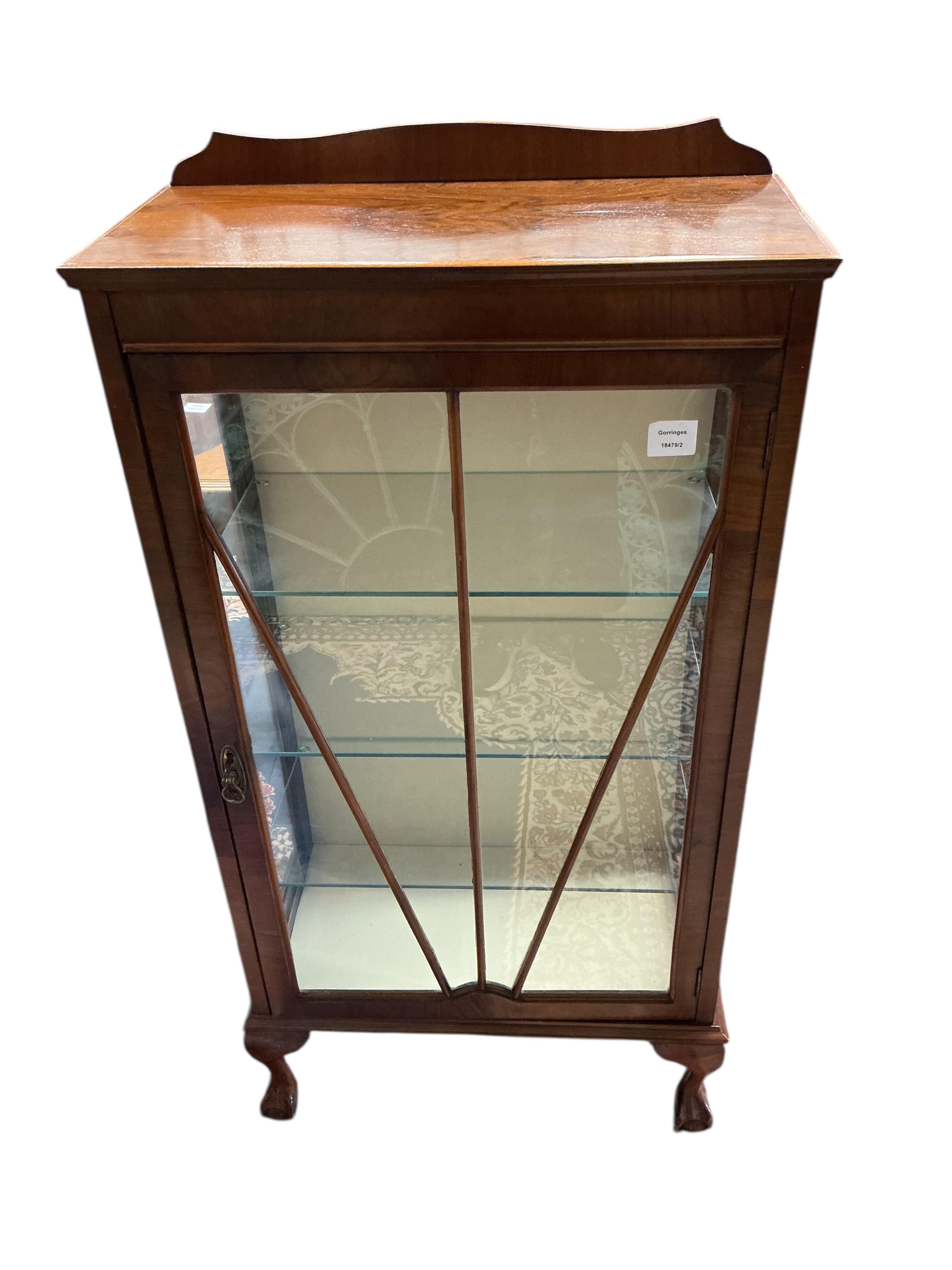 An early 20th century walnut display cabinet, width 59cm, depth 30cm, height 120cm